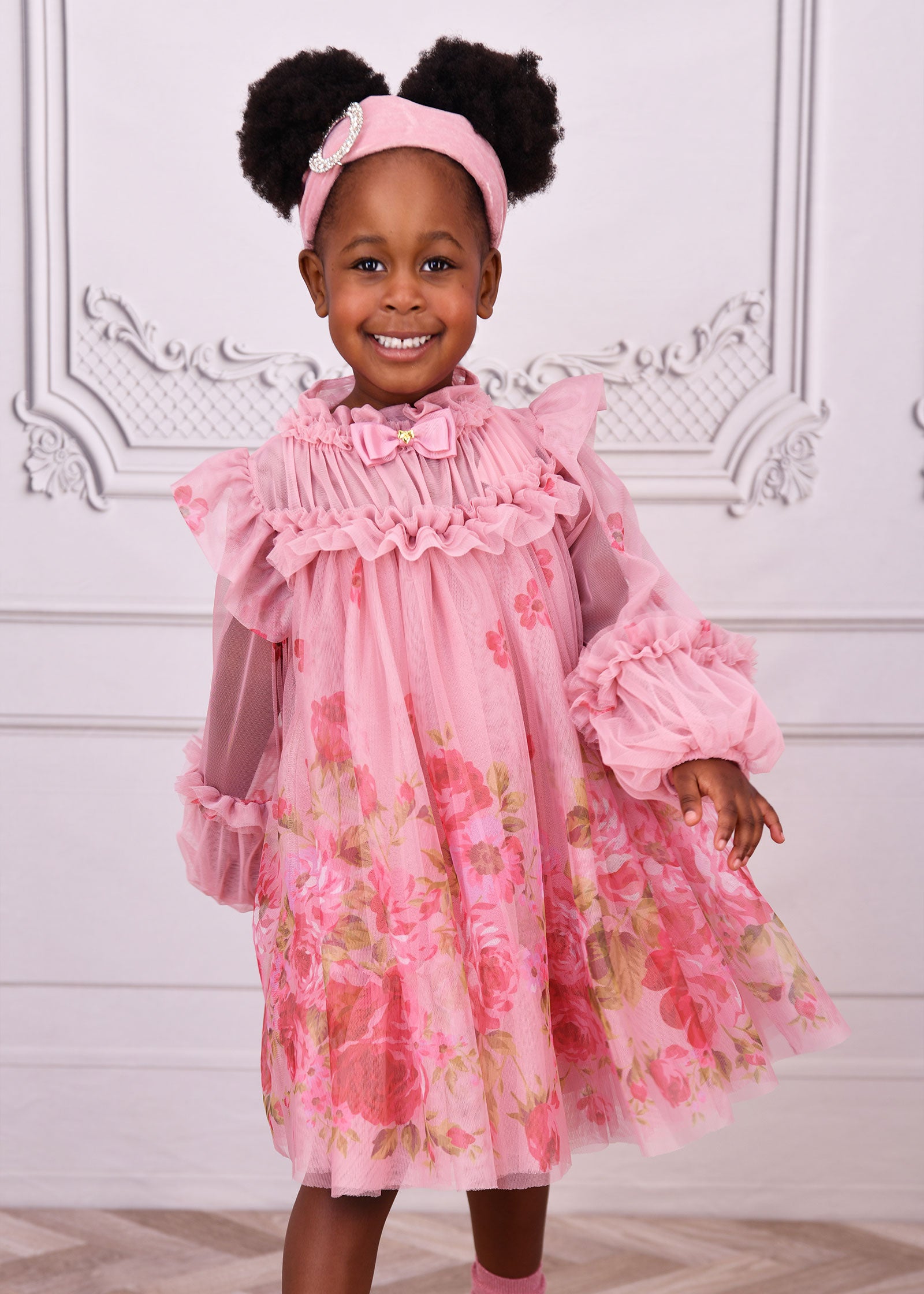 Nadiya Border Print Tulle Dress Tea Rose