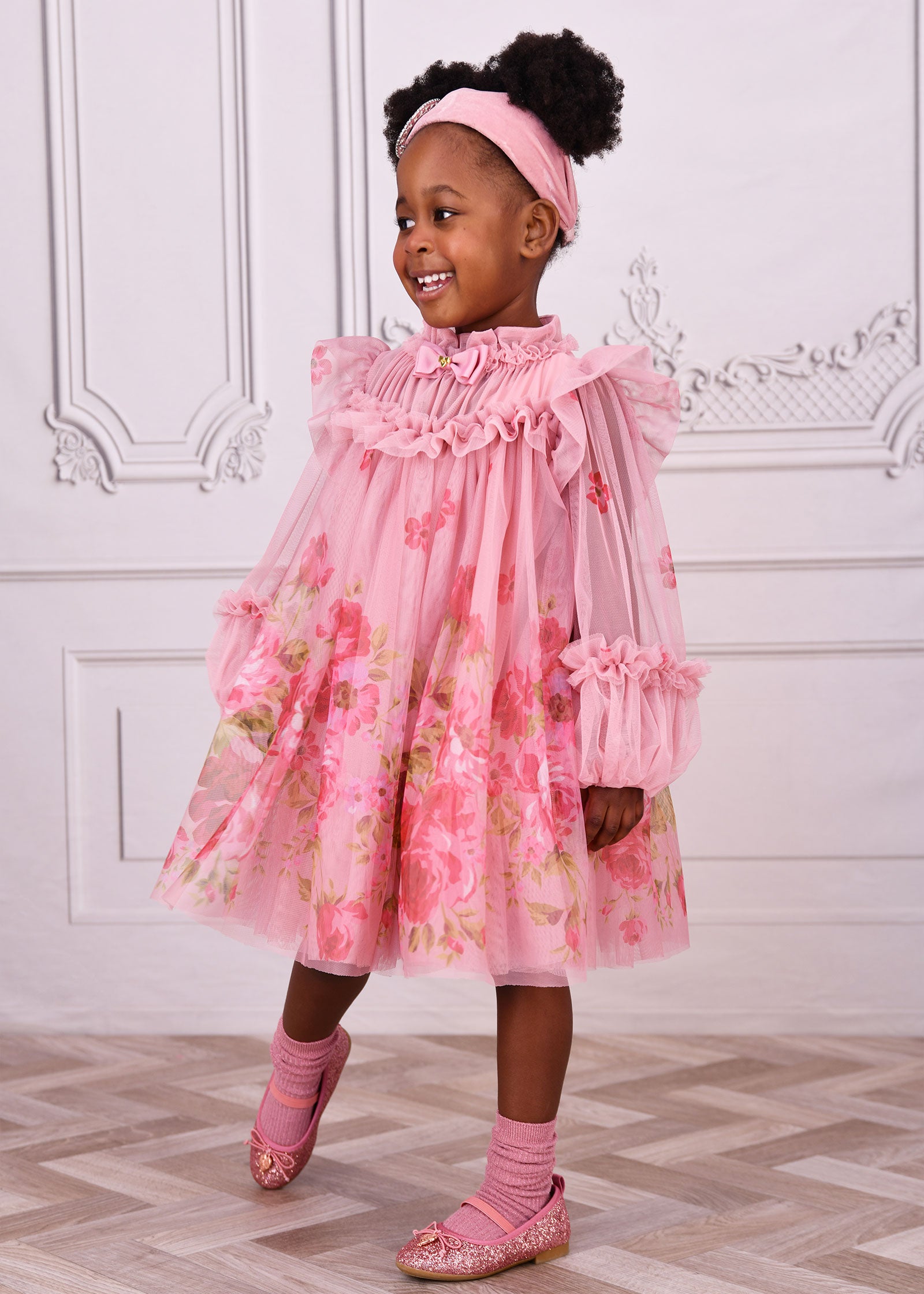 Nadiya Border Print Tulle Dress Tea Rose