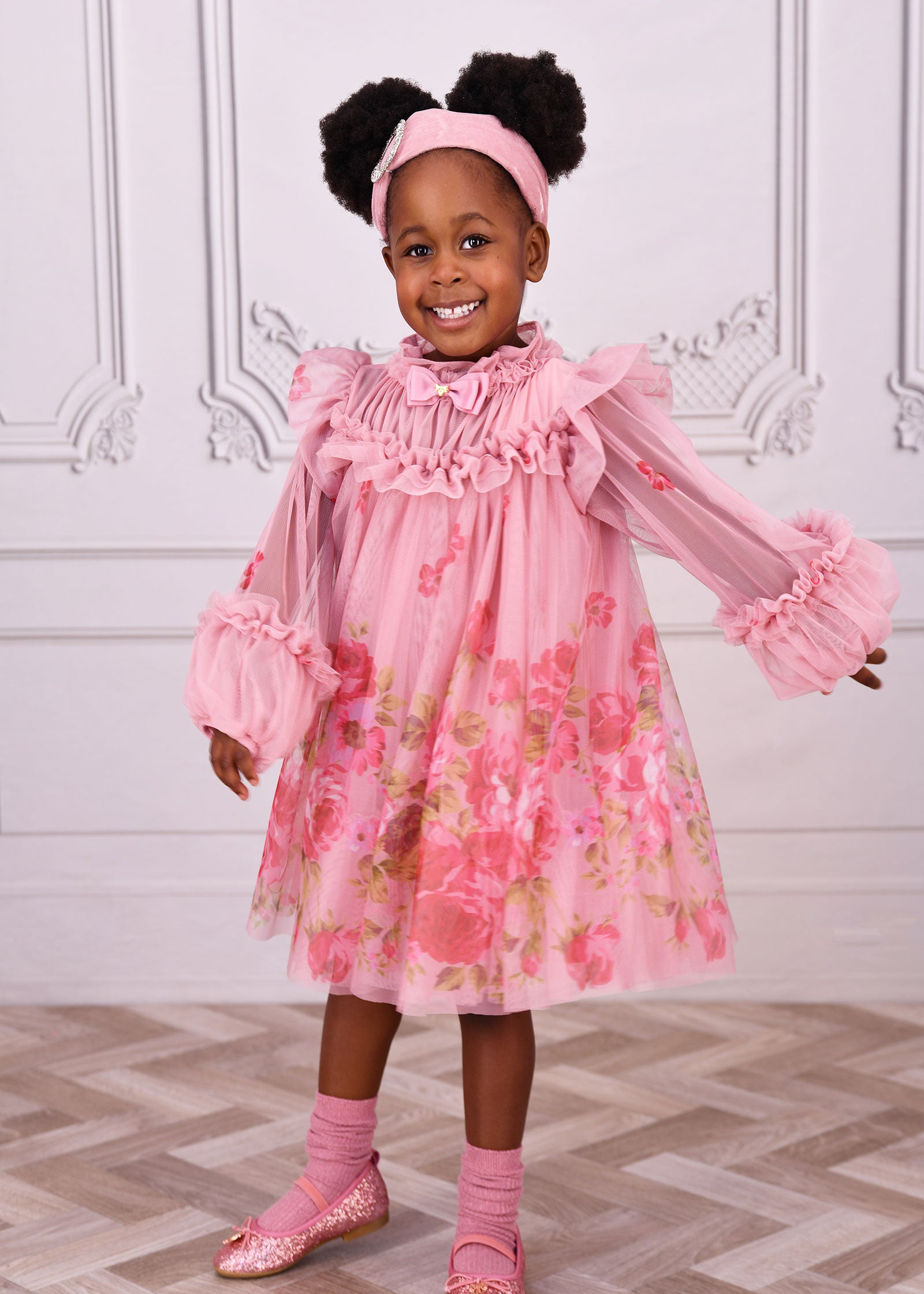 Nadiya Border Print Tulle Dress Tea Rose