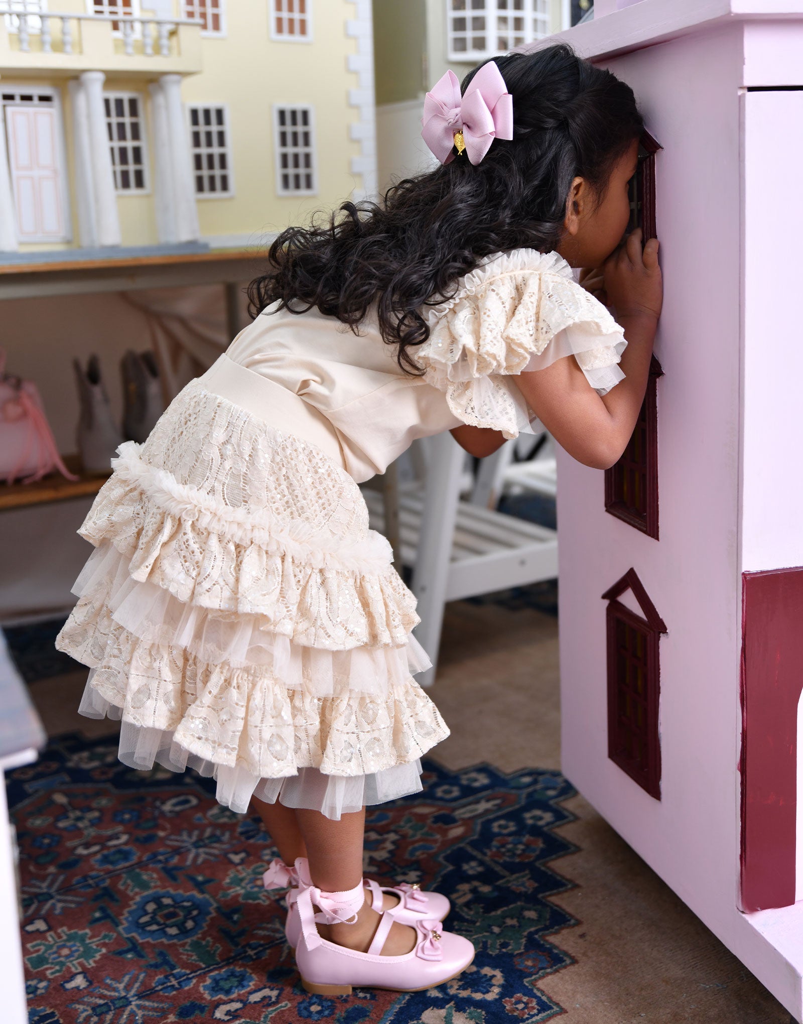 Olivia Tiered Sequin Lace Skirt Biscuit