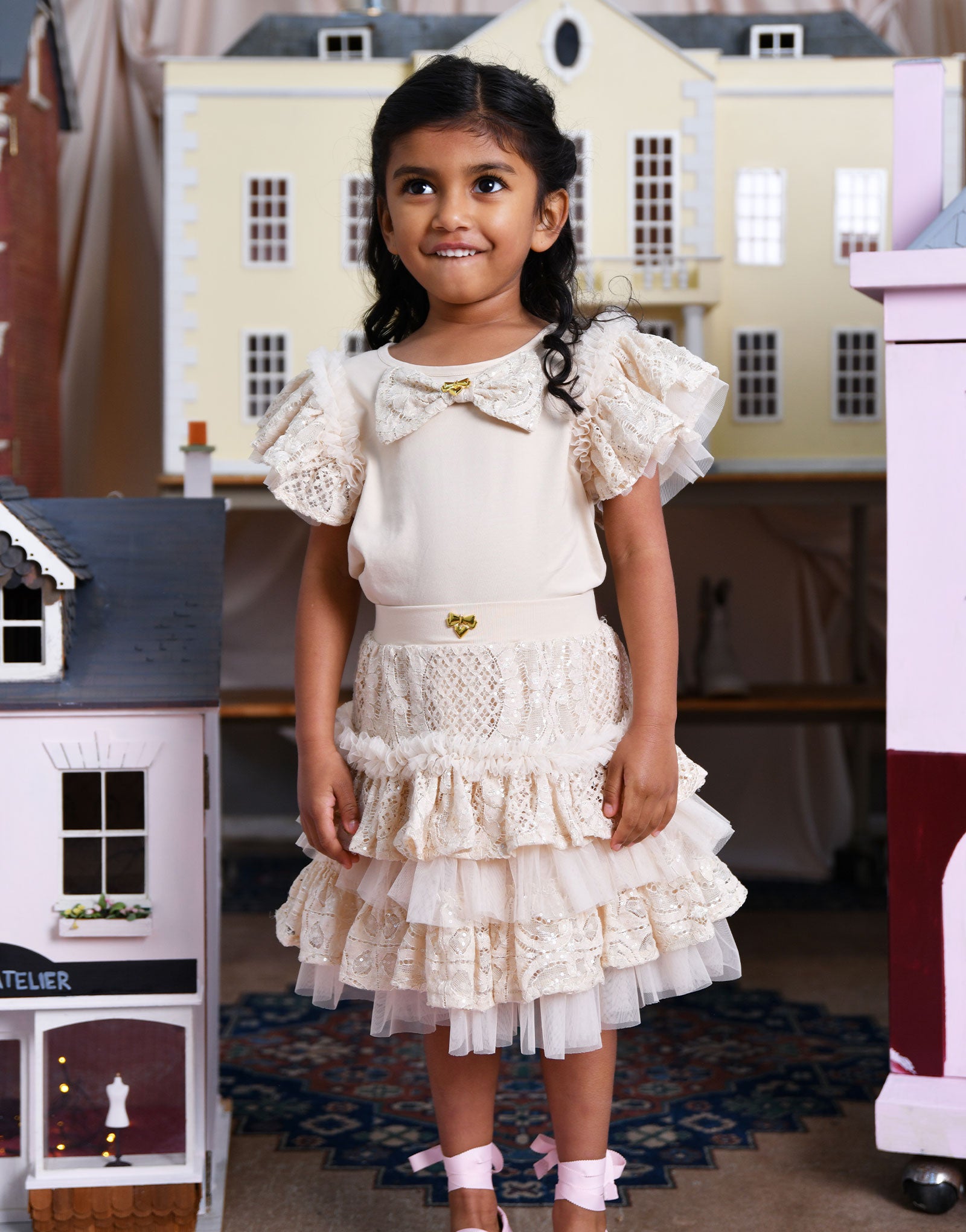 Olivia Tiered Sequin Lace Skirt Biscuit