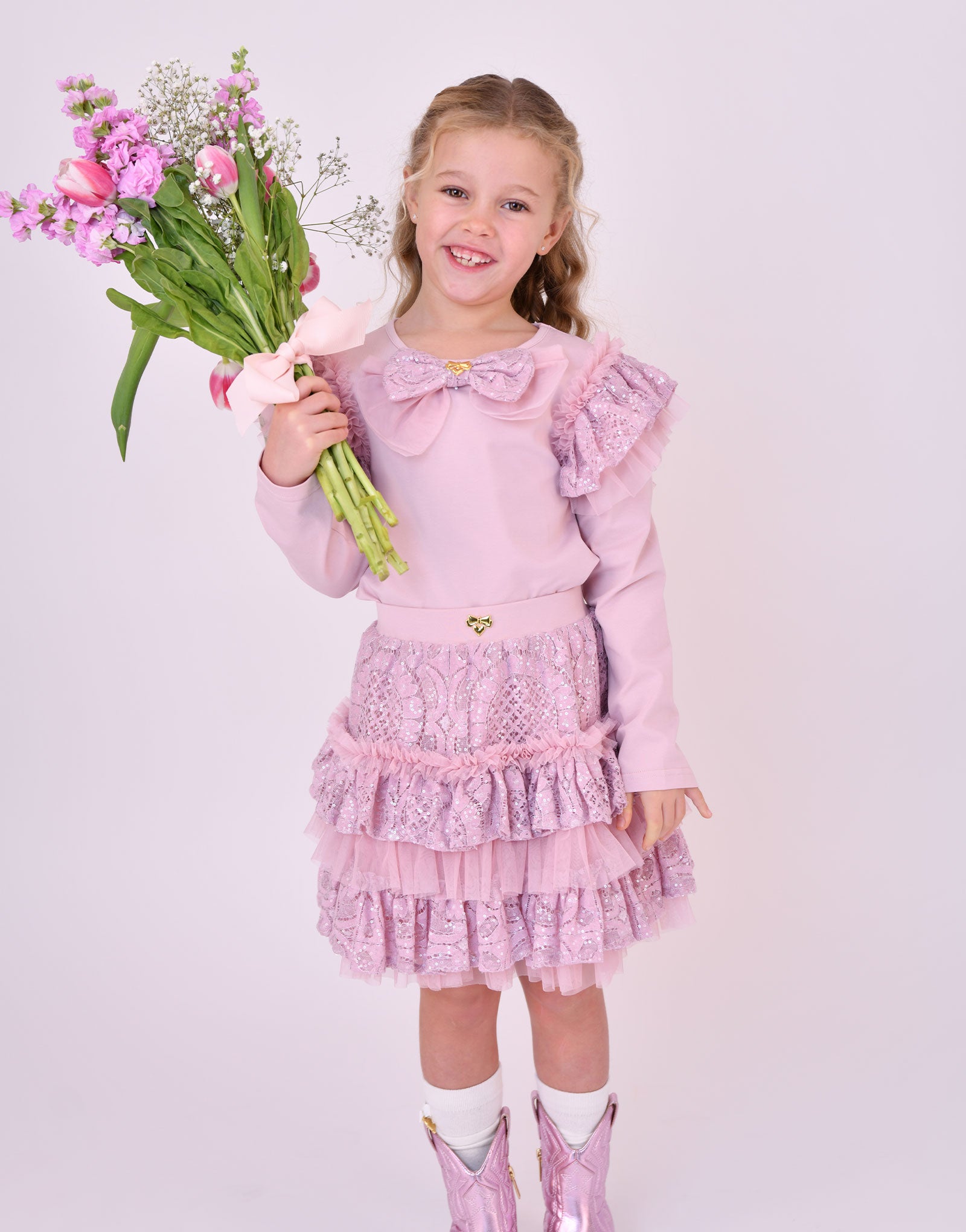 Olivia Tiered Sequin Lace Skirt Vintage Rose