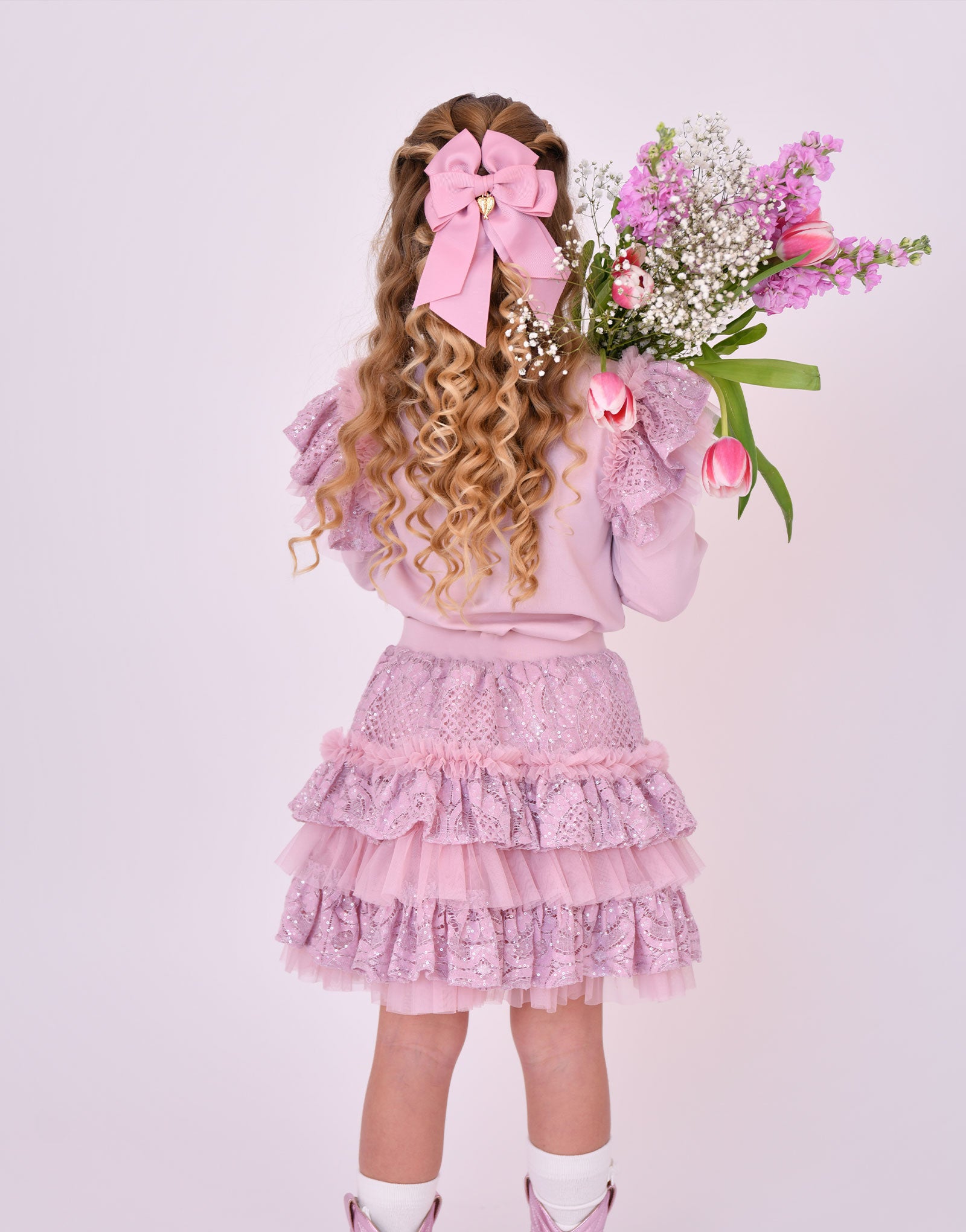 Olivia Tiered Sequin Lace Skirt Vintage Rose