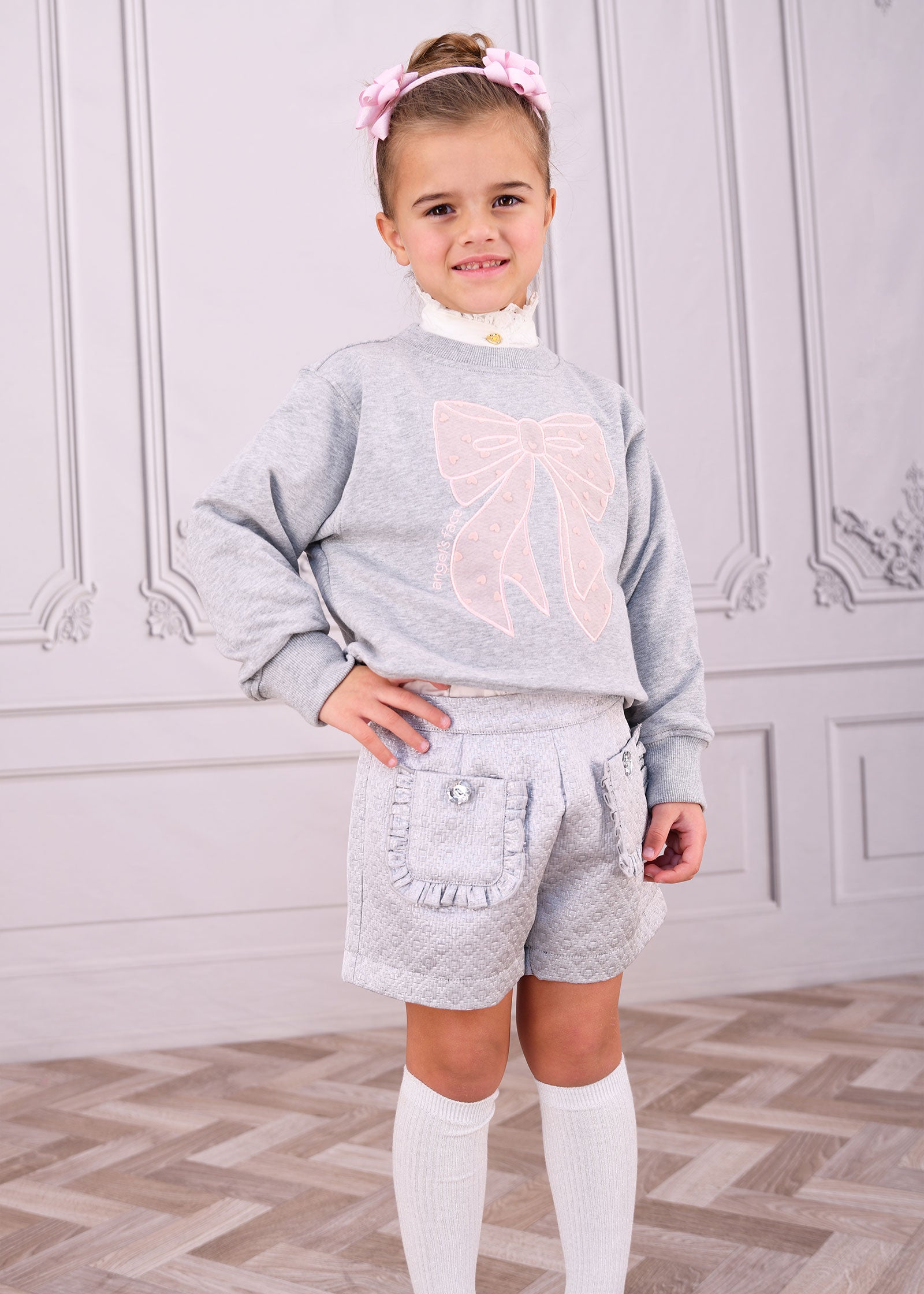 Paula Sweat With Heart Tulle Bow Grey