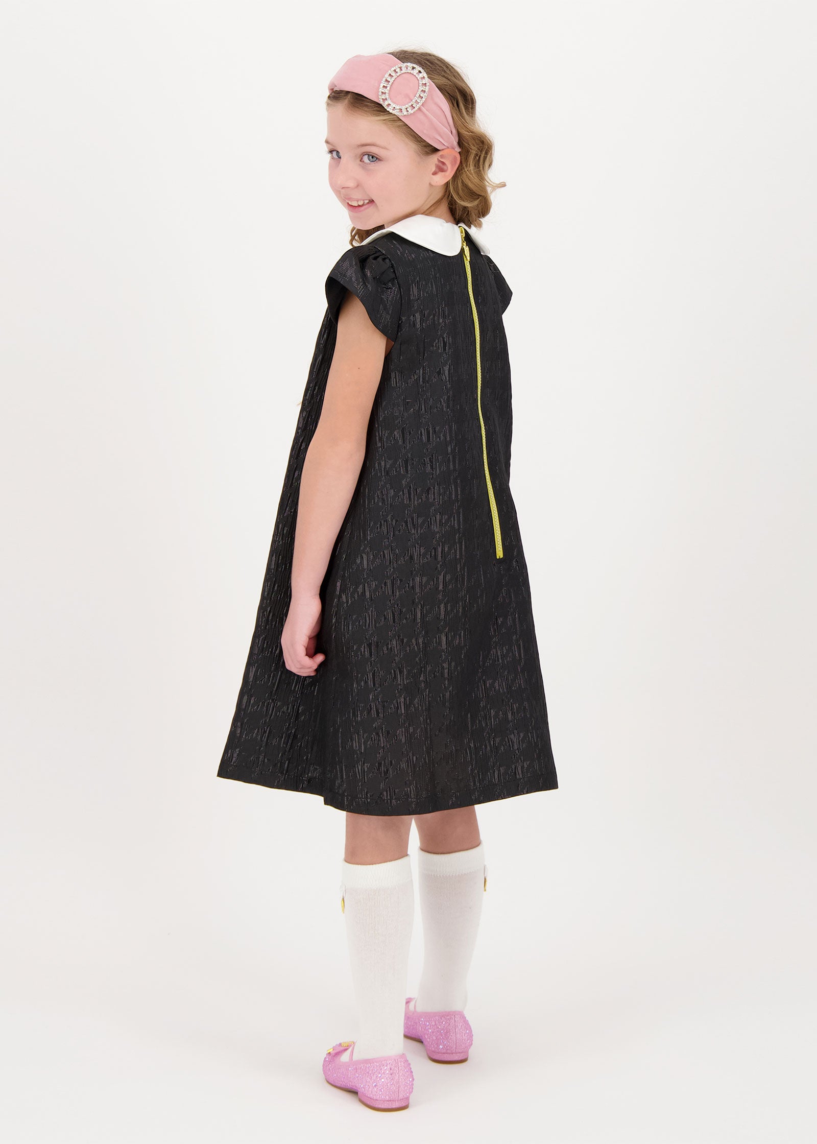 Petula Contrast Collar Jacquard Dress Black