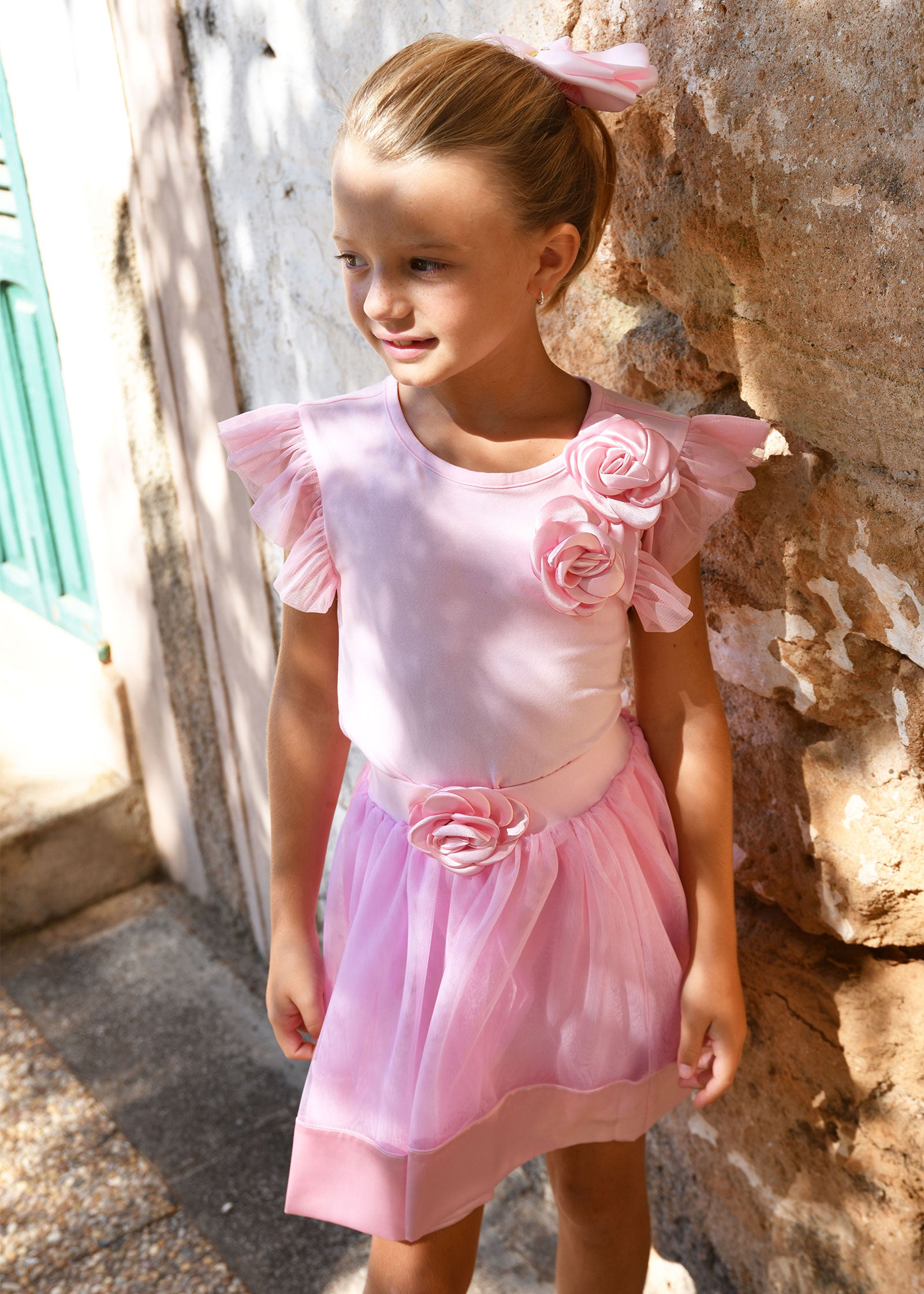 Priscilla Satin Trim Top and Skirt Set Fairy Pink