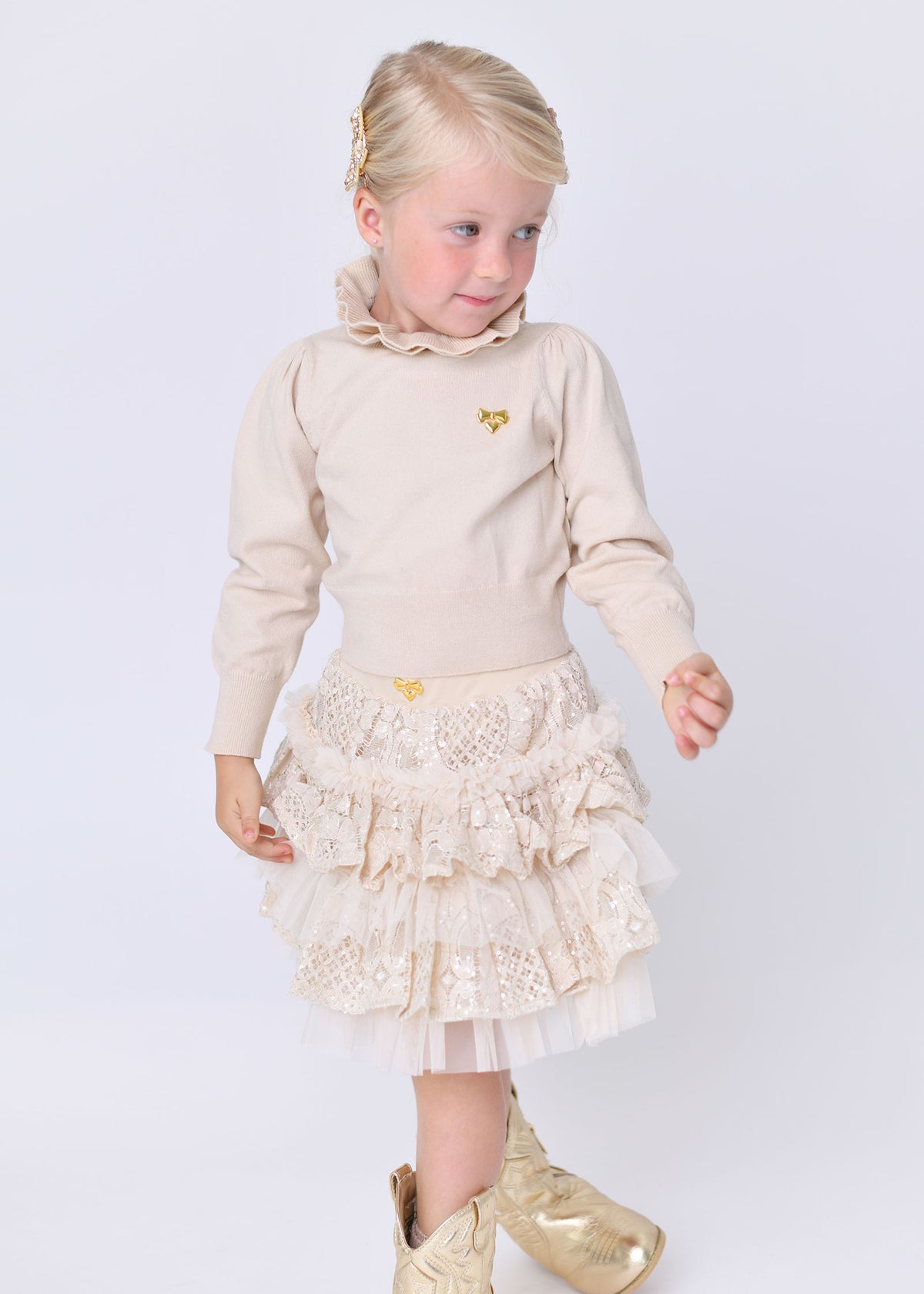 Raffy Ruffle Neck Knitted Jumper Biscuit