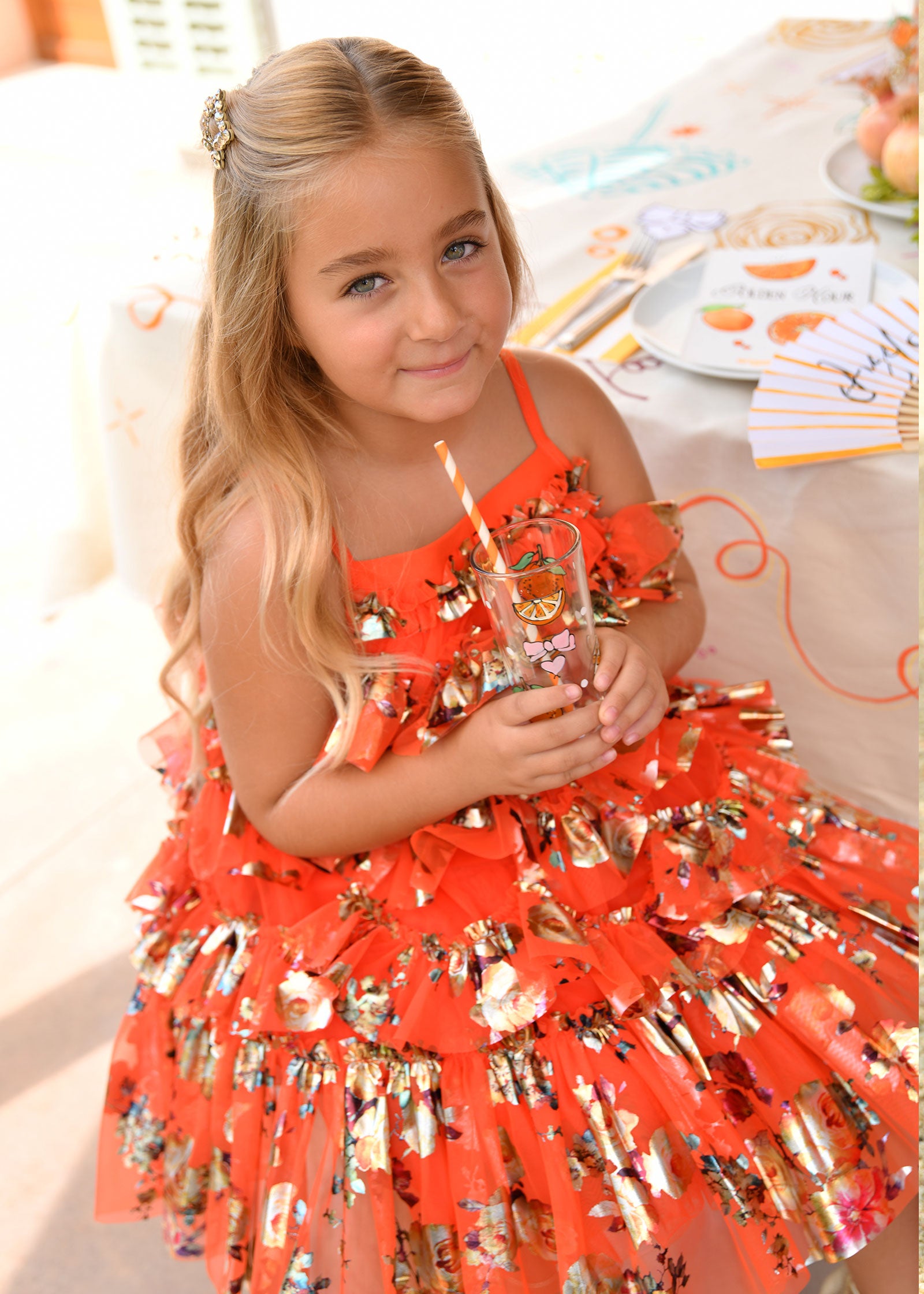 Remi Floral Print Ruffle Dress Tangerine