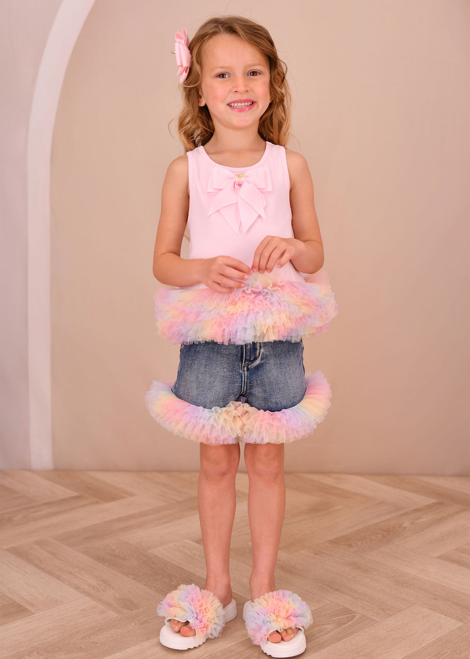 Renata Rainbow Tulle Trim Top Pale Pink
