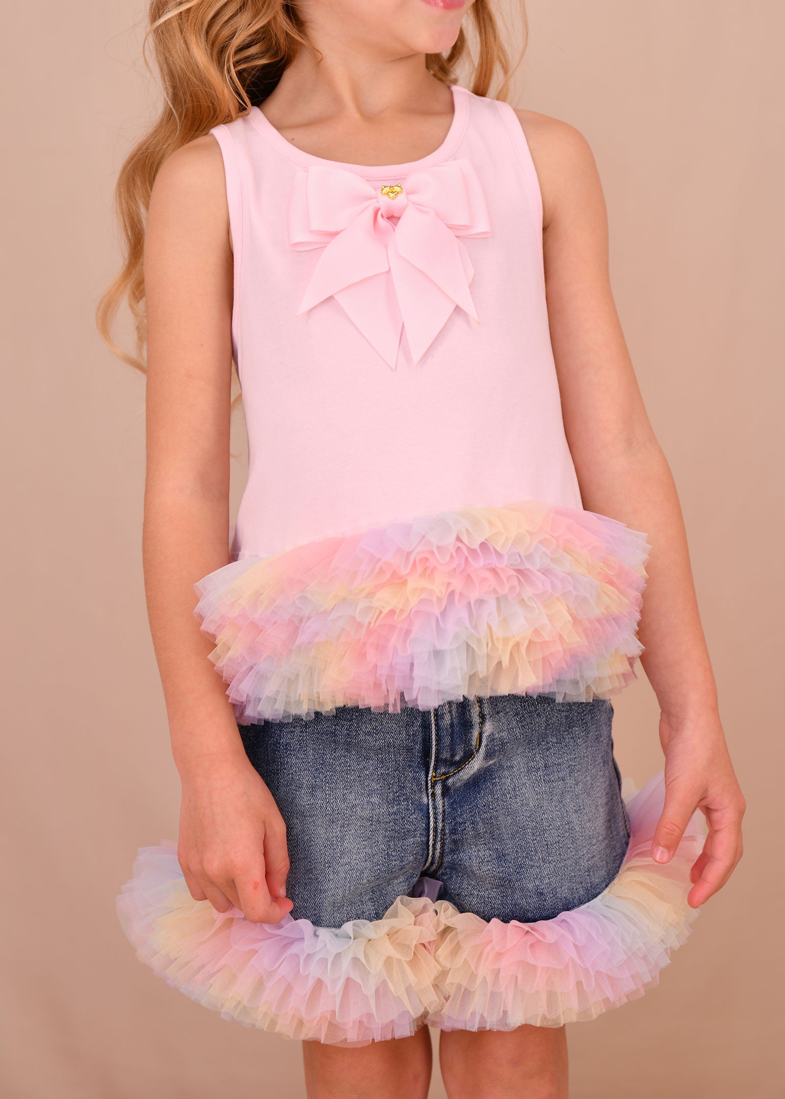 Renata Rainbow Tulle Trim Top Pale Pink