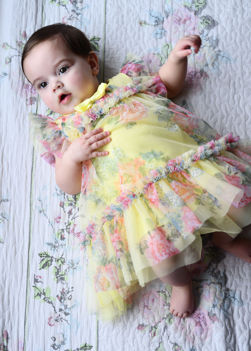 Rosebud Flower Tulle Baby Dress Sherbert Yellow