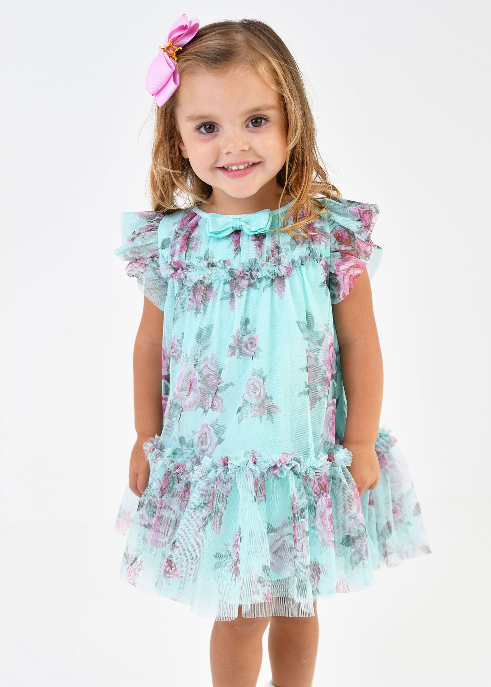 Rosebud Roses Baby Dress Aqua