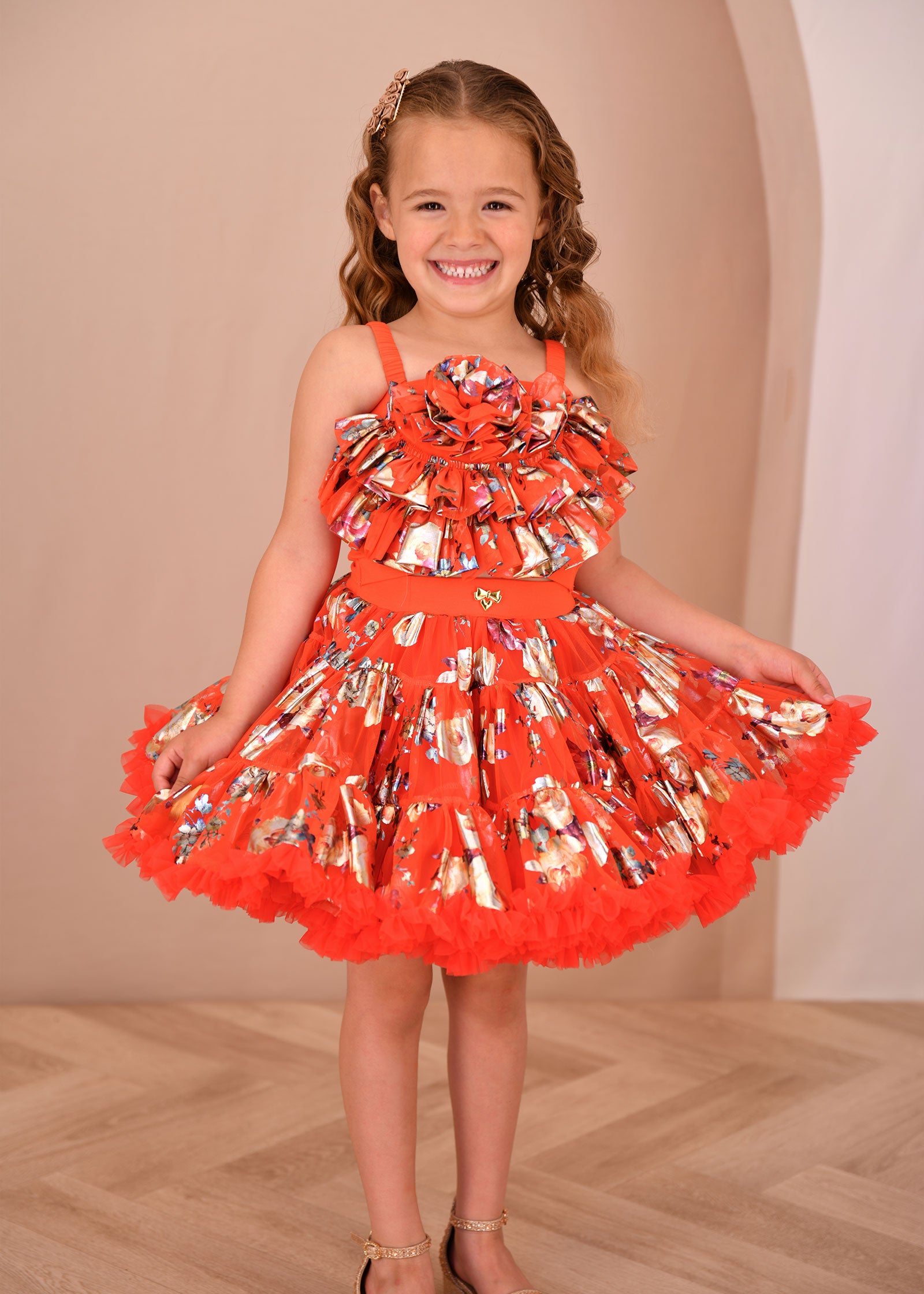 Rosetta Foil Print Tulle Top Tangerine