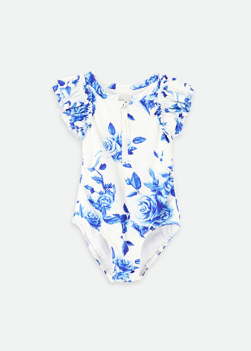 Sesimbra Blue Flower Zip Up Swimsuit Snowdrop