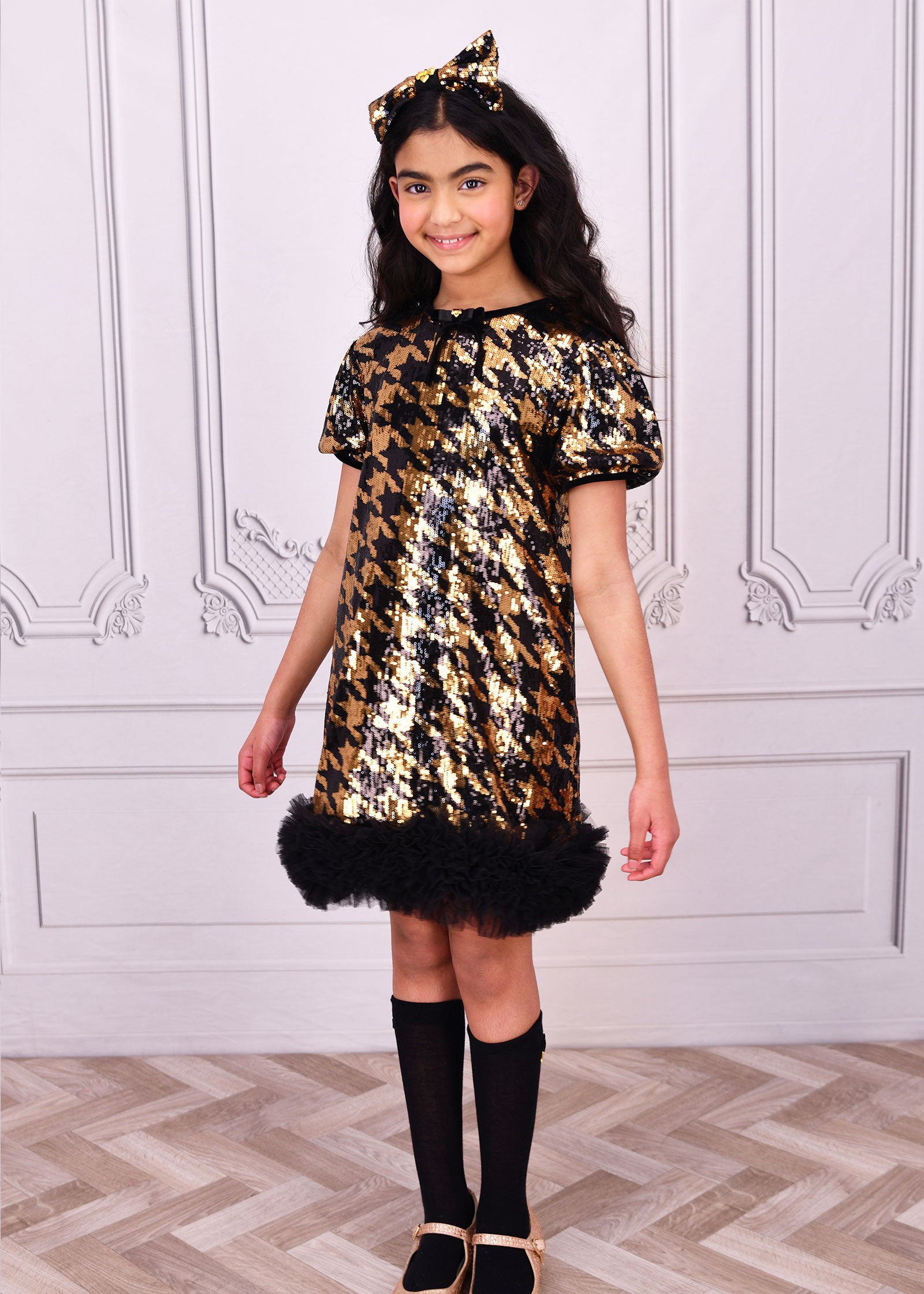 Shalini Houndstooth Sequin Dress Black/Gold Angel's Face Shalini Houndstooth Sequin Dress Black/Gold Angel's Face