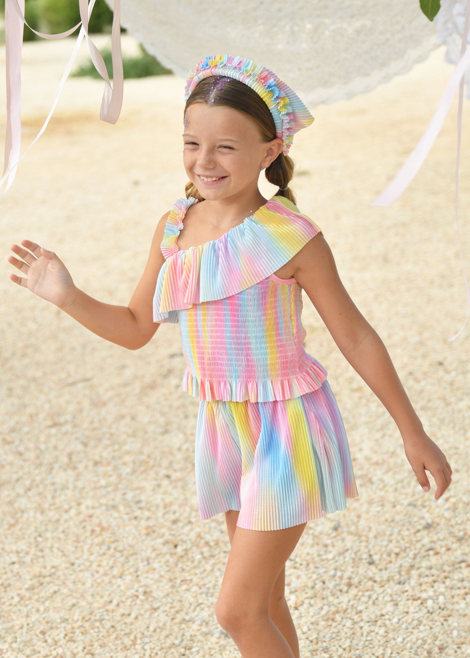 Tatiana One Shoulder Rainbow Pleated Top Multi