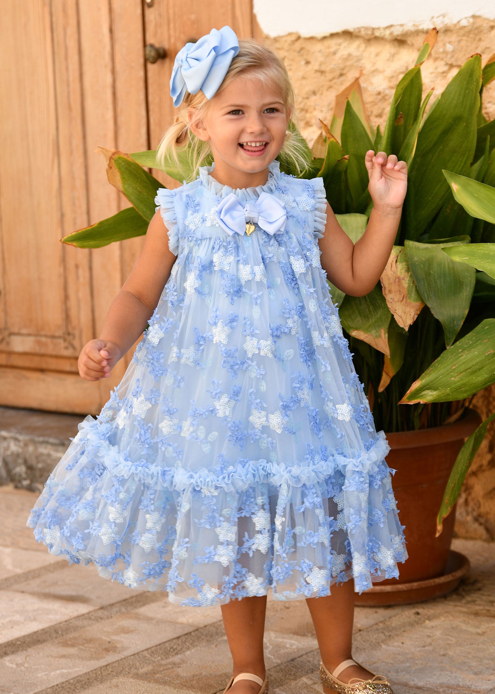 Tilly Sequin Flower Tulle Dress Pale Blue