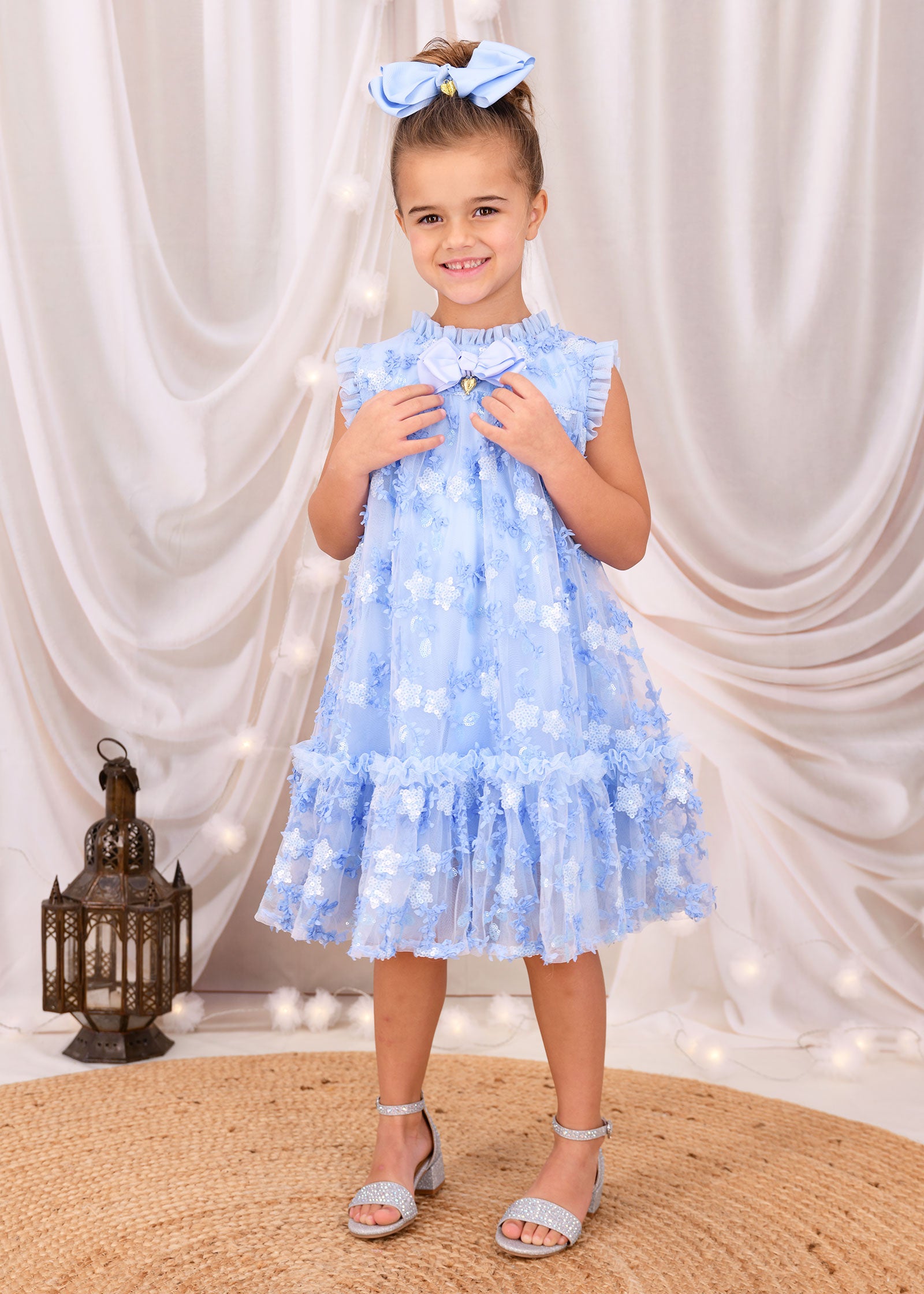 Tilly Sequin Flower Tulle Dress Pale Blue