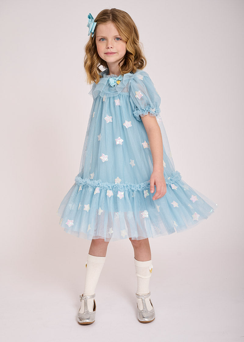 Twinkly Sequin Star Dress Porcelain Blue